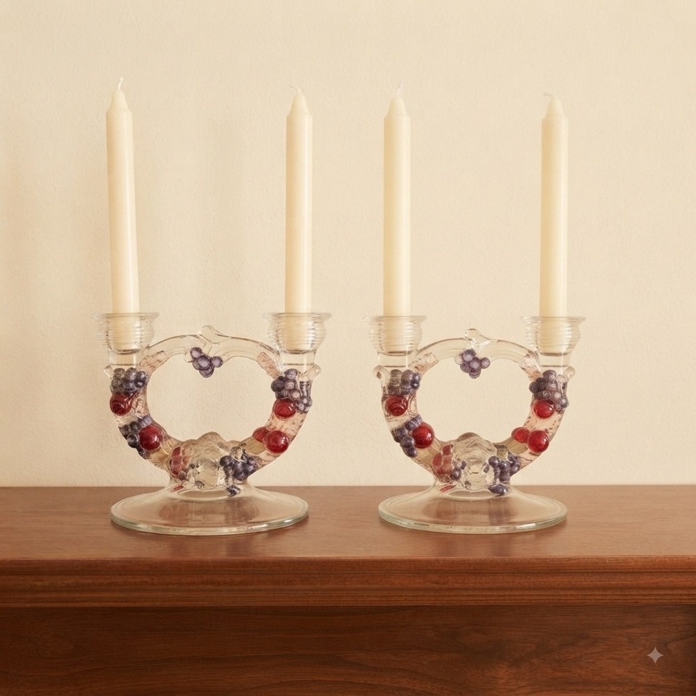 Vintage Glass Fruit Heart Taper Candle Holders Pair Grapes Cherries 5.5in